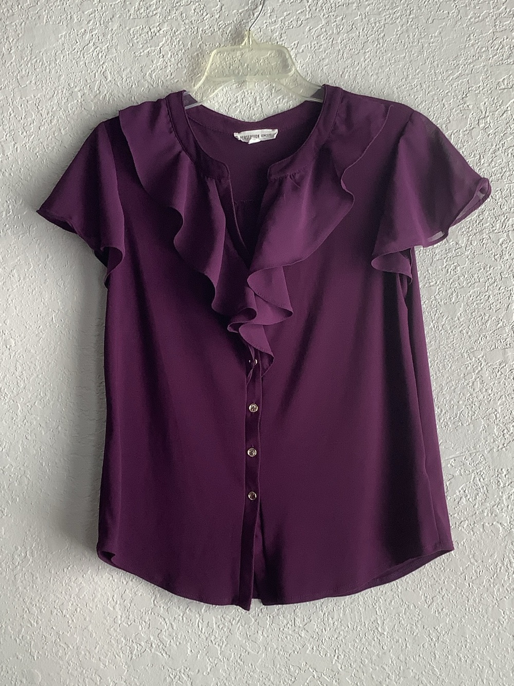 PerSeption Concept Deep Plum Ruffle-Front Blouse